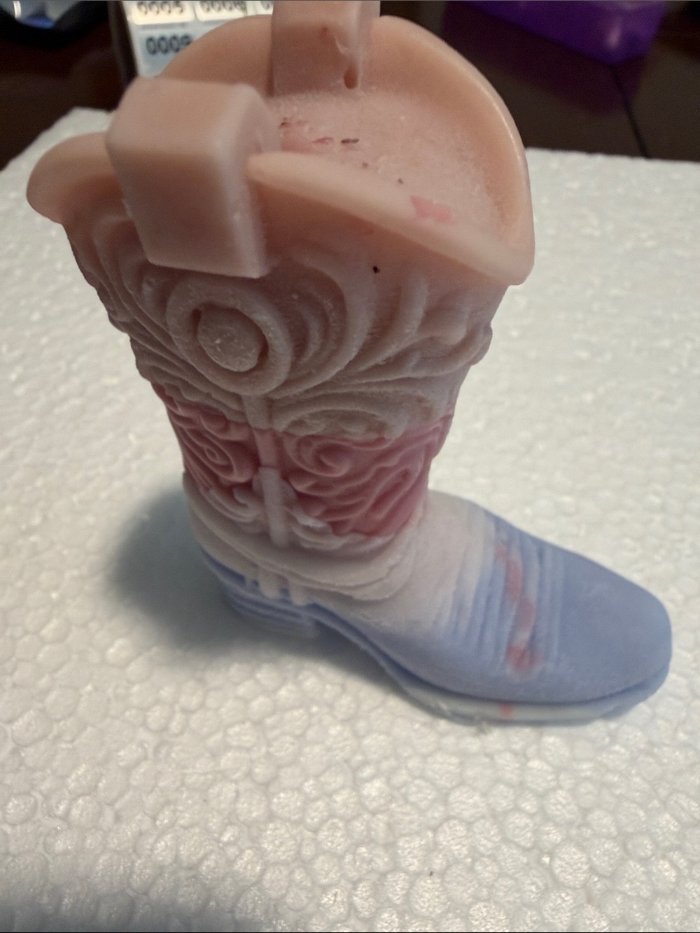 Decorative Pink & Blue Boot Candle - Floral Embossed Accent
